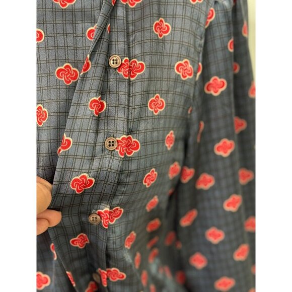 Christian Dior Vintage Satin Blouse Blue Red Print Long Slv Banded Waist Size 8 - Picture 4 of 11